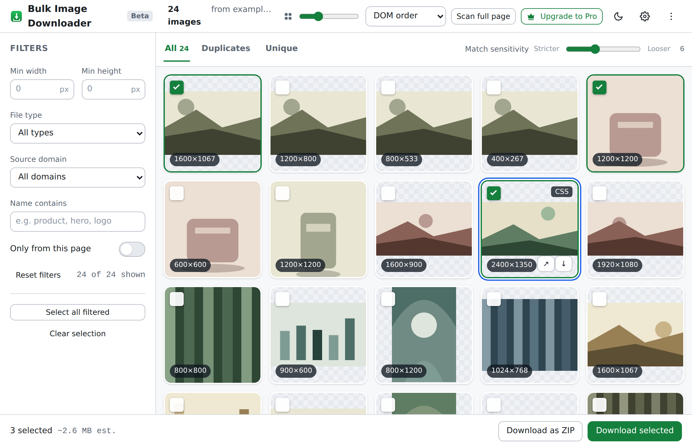 The Bulk Image Downloader results view: a sidebar of filters, an All / Duplicates / Unique tab bar, a grid of scanned images with checkboxes and dimensions, and a footer with Download as ZIP and Download selected.