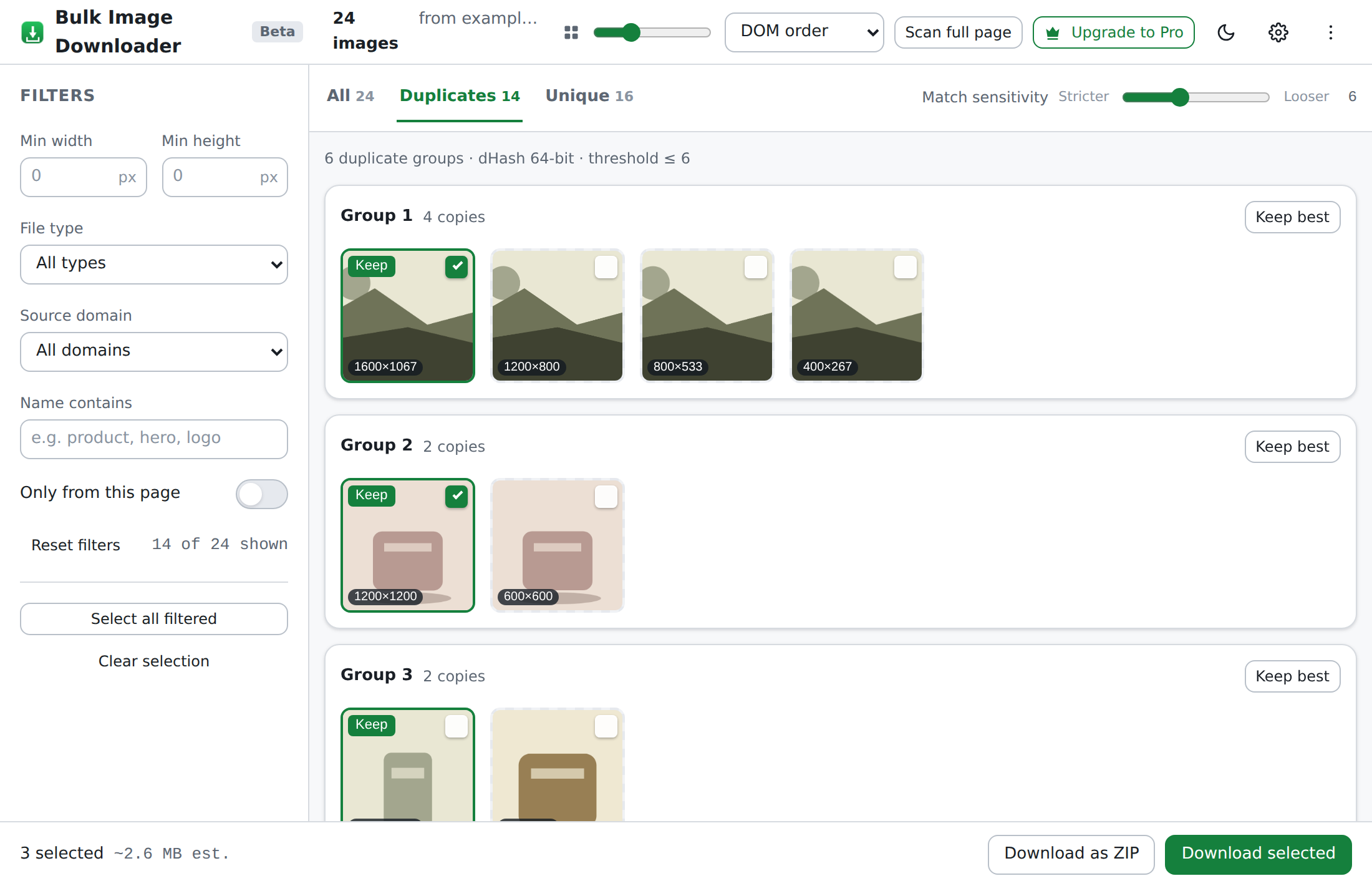 The Duplicates view groups near-identical images into cards, each showing the copies with the largest one marked Keep and a Keep best button.